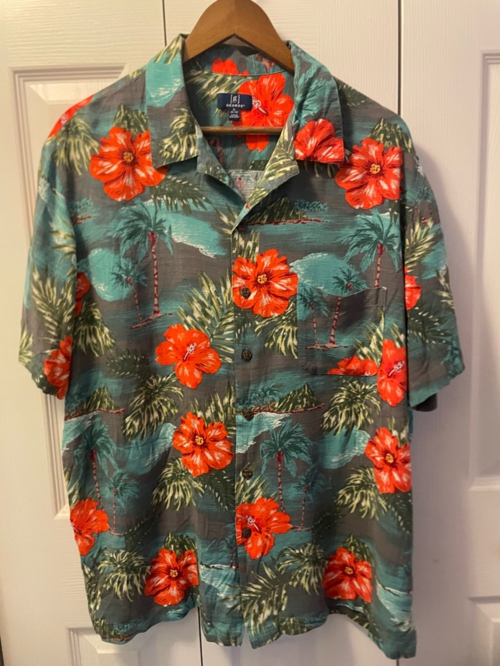 George Tropical Floral Button-Down Shirt in Teal & Red
